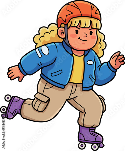 A lively girl roller skating with a bright orange helmet and cheerful expression. Her roller skates and casual outfit reflect a fun and carefree attitude towards life.