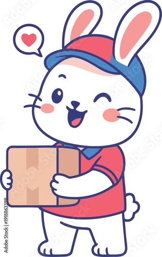A cheerful cartoon rabbit happily holds a package, exuding positive energy and joy while embodying themes of celebration and connection within the community.