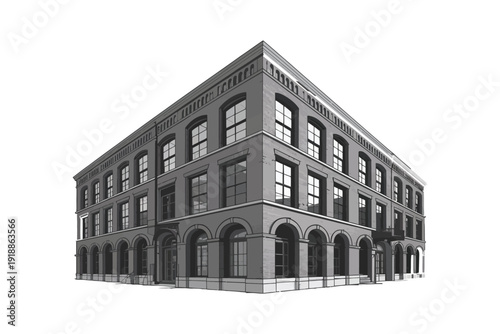 A three-story brick building with arched windows on the ground floor and rectangular windows above.