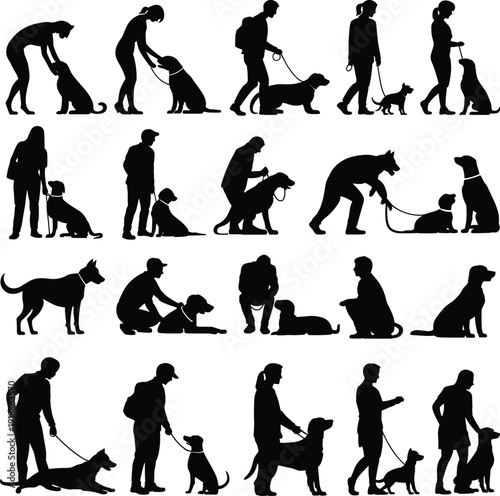 Black silhouettes of people and dogs in various poses dog training dog and owner