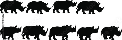 Rhinoceros silhouette collection, African rhino walking standing wildlife animals isolated on white background, safari flat vector illustration