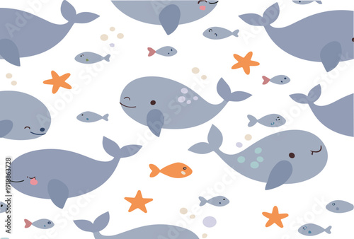 Cute whale seamless pattern with fish starfish ocean animals cartoon marine vector illustration background design
