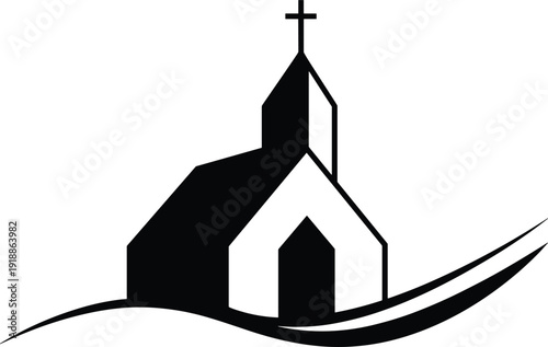 Black silhouette of a church with a cross on a white background