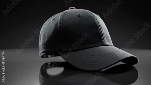 Seamless loop abstract presentation of a perfect blank black baseball cap spinning quickly 360 degrees in isolation on a gradient dark surface digital, background, display