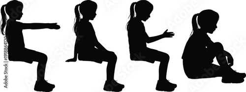 Black silhouettes of young girl doing squats on white background