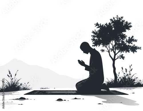A Moment of Devotion: A silhouette of a person in prayer, kneeling on a mat under a tree, finding serenity in contemplation amidst the natural landscape.