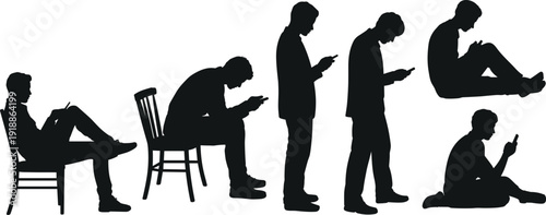 Black silhouettes of people using smartphones in various positions mobile phones