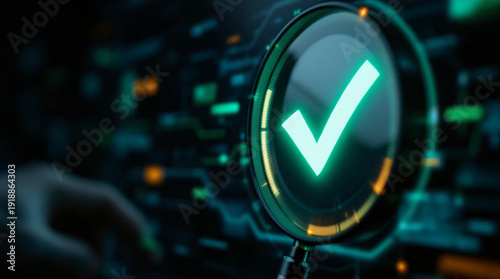 Green Checkmark in Magnifying Glass on Digital Interface. Quality Control and Verification.
