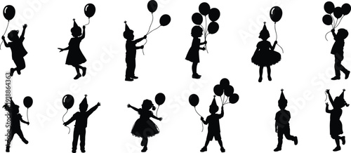 Children party silhouettes set, kids with balloons, birthday celebration icons, playful festive poses, joyful childhood illustration, party hats design, social event symbols