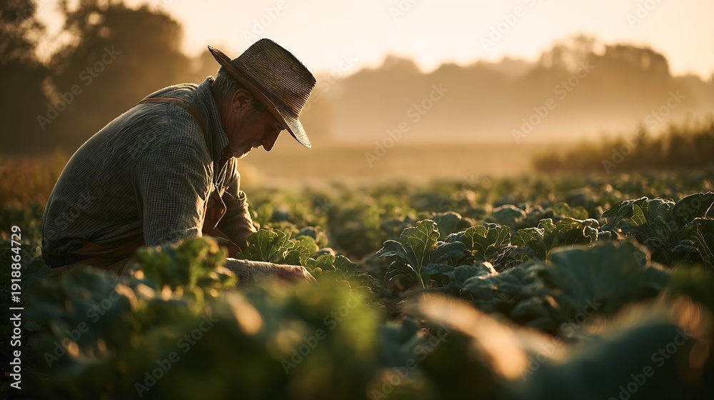 Fototapeta premium Farmer Working in Field at Sunset.