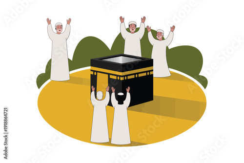 People in traditional clothing gather around the Kaaba in Mecca.