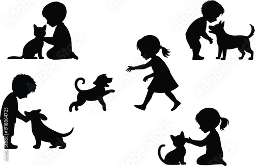 Children silhouettes with pets, kids playing with cats and dogs, animal companionship icons, joyful interaction illustration, friendship design, playful bonding symbols