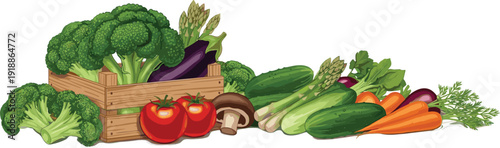 Fresh organic vegetables collection in wooden crate healthy farm food vector illustration isolated design set