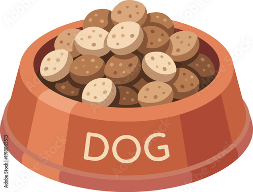 A colorful illustration of a dog food bowl filled with nutritious kibble, emphasizing the importance of pet nutrition and care for a healthy and happy dog lifestyle.