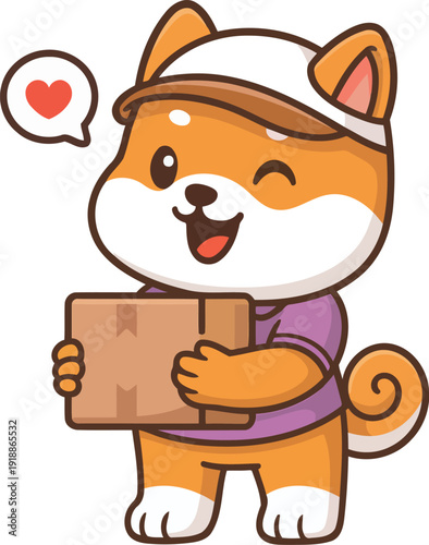 A cheerful shiba inu in a cap happily holds a box, symbolizing love and joy in making deliveries, perfect for any promotional purpose.