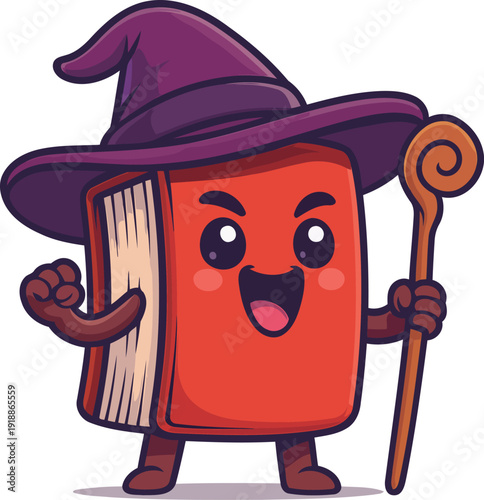 This animated book character wearing a wizard's hat, wielding a magic staff, captures the essence of storytelling magic and creativity in a playful and joyful manner.