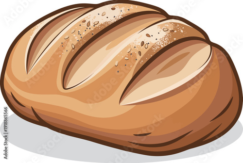 This illustration showcases a freshly baked loaf of golden-brown bread, highlighting its crispy texture and inviting aroma, perfect for any culinary context.
