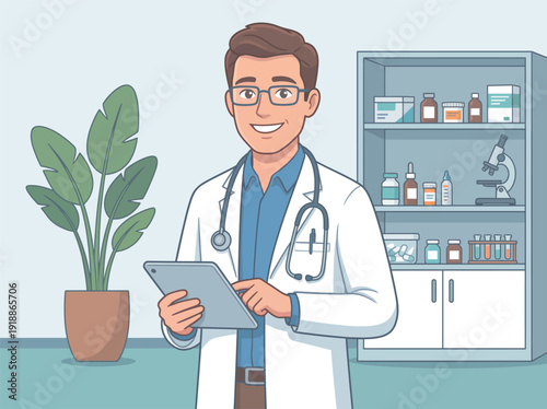 A smiling doctor stands in a well-organized office, engaging with technology while ensuring patient care, representing professionalism and dedication in healthcare.