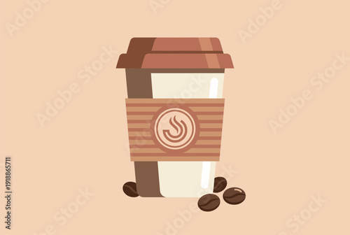 This sleek image illustrates a coffee cup surrounded by coffee beans on a minimalist background, highlighting the comforting essence of coffee culture and design aesthetics.