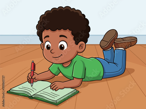 A young child excitedly writing in a notebook while lying on the floor, representing education, creativity, and the joy of learning, ideal for school and children's themes.