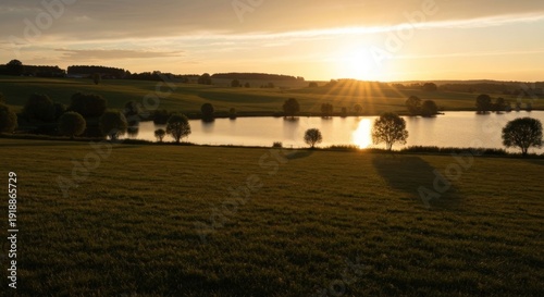 Golden sunset over tranquil lake and grassy hills