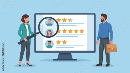 The image showcases a professional woman inspecting a digital review screen featuring various user profiles and star ratings, highlighting feedback analysis and customer insights.