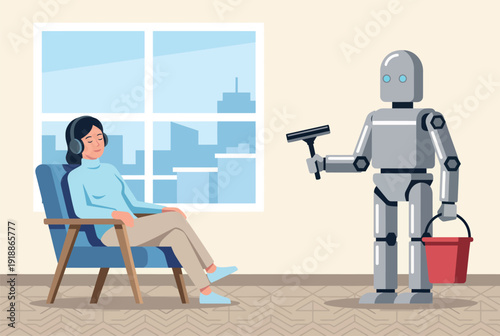 This creative illustration features a robot performing cleaning duties while a person sits comfortably, representing the future integration of technology in everyday domestic tasks.