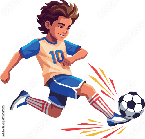 A joyful illustration of a child kicking a soccer ball, capturing the essence of fun and playfulness in sports, ideal for soccer-related visuals.
