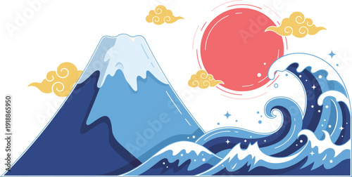 A stylized illustration of a mountain, waves, and the sun, featuring soft colors and artistic clouds, representing the beauty of nature and tranquility.