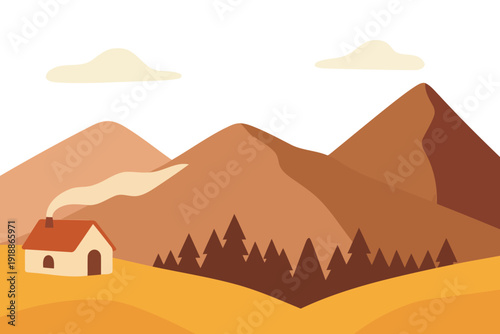 A quaint little house surrounded by rolling hills and evergreen trees under a serene sky, depicting a warm and inviting rural landscape filled with tranquility and comfort.