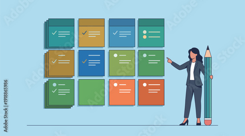 A professional woman stands beside a colorful project board showcasing tasks and progress. She points out details, indicating her role in effective project management and teamwork.