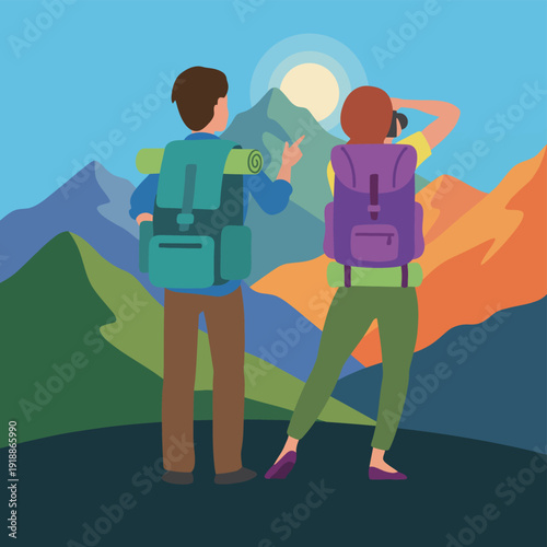 Two hikers stand amidst stunning mountain landscapes, one pointing towards a peak while the other captures the moment. Their backpacks signify a journey into nature's embrace.