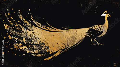 Elegant golden peacock illustration against a black background for various uses