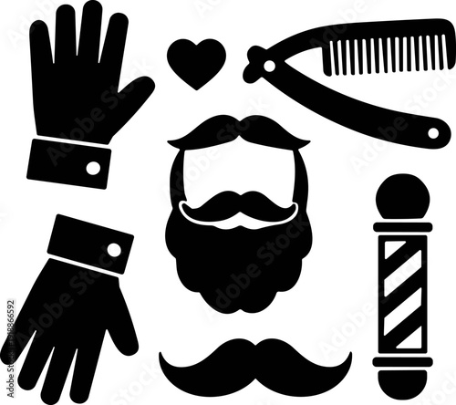Father's day Barber Shop Essentials Vector Icon Set: Modern Grooming Tools, Beard, Moustache & Stylist Supplies for Professional and Stylish Man Care Design
