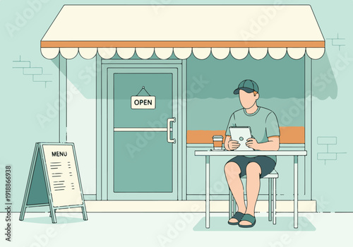 Man sitting outside cafe using digital tablet, modern vector illustration