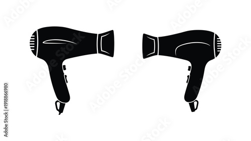 Two black hair dryers displayed side by side a striking silhouette