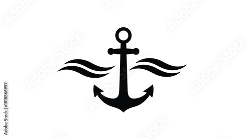 Black anchor graphic with wave lines a nautical emblem silhouette