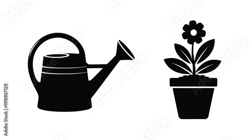 A watering can and potted flower in a stark black silhouette