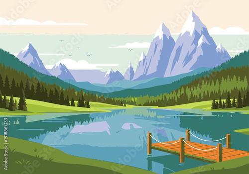 Tranquil mountain lake with pine forest and wooden dock in flat design