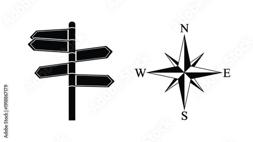 Directional signpost and compass rose in a stark black silhouette