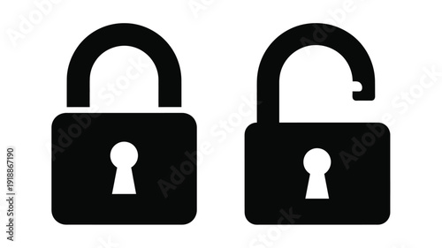Two padlocks one locked and one open displayed as a silhouette