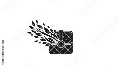 Stylized black and white icon represents a luxury quilted handbag with organic leaf patterns emerging from the side of the bag.