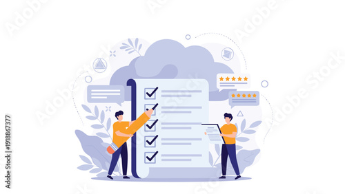 Professional team completes a giant checklist using a large pencil representing business task management and performance review.