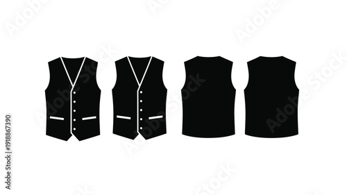 Four black vests displayed in a minimalist graphic silhouette