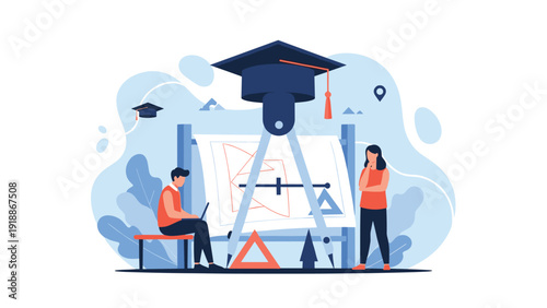 Engineering students utilize giant drafting tools and graduation symbols to design architectural blueprints and pursue educational goals.