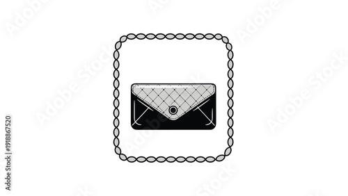 Stylish black and grey clutch handbag is showcased within a decorative oval frame of individual grey beads or pearls for fashion.