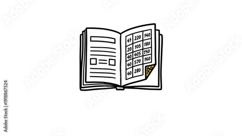Open book sketch showing tables of numbers and mathematical data represents education, research, and accounting in a doodle art style.