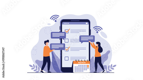 Digital task management illustration shows users interacting with a giant smartphone app to organize schedules and remote work agendas.