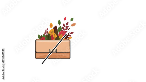 Creative conceptual image shows a beige leather wallet with a variety of colorful fall leaves emerging from the top of the purse.