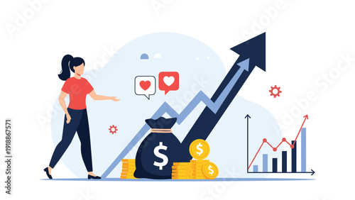 Successful female entrepreneur manages financial growth represented by a large money bag and an upward trending success arrow symbol.